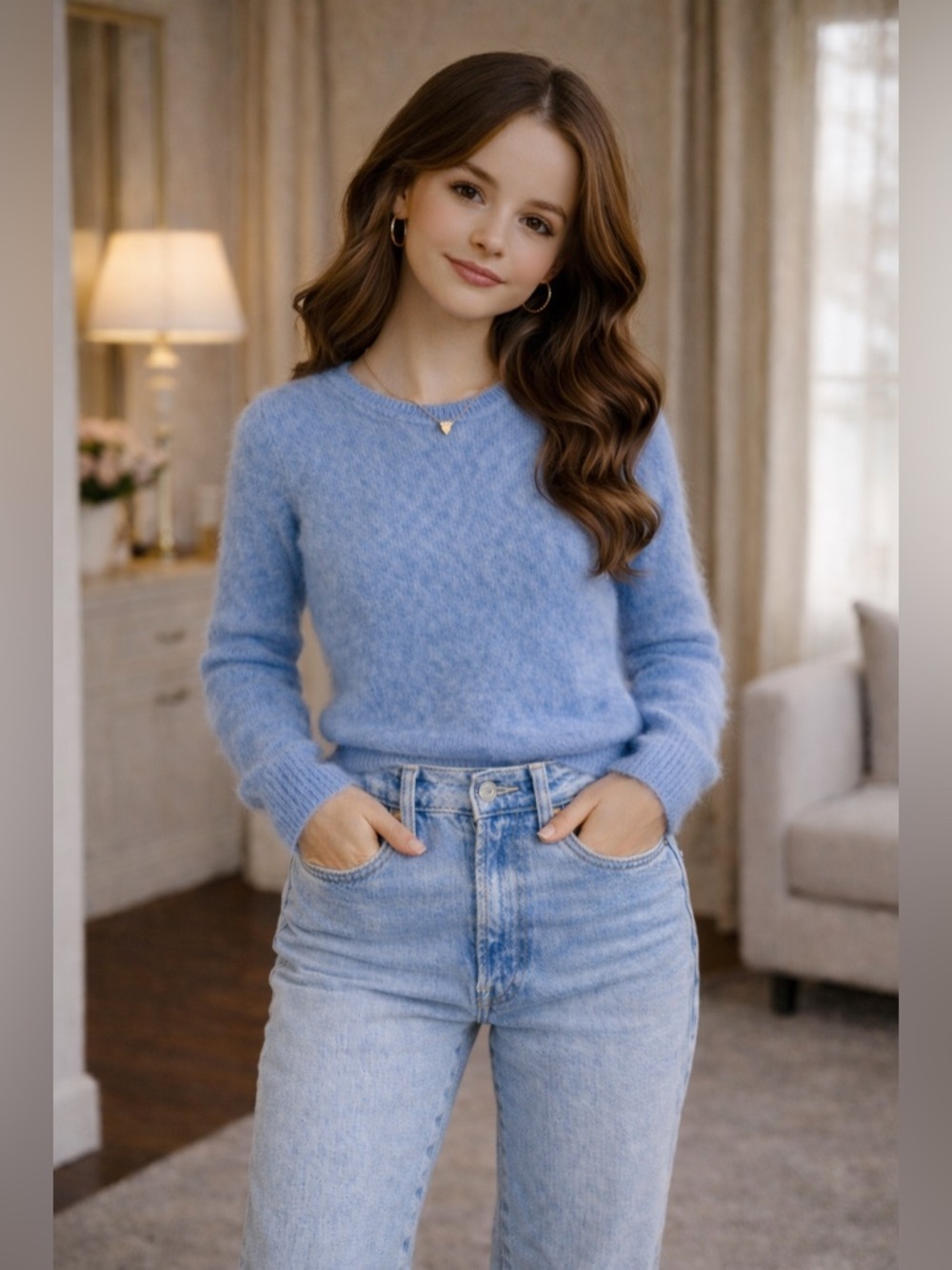 Ellen Tracy Light Blue 100% Cashmere Crewneck Sweater S (XXS very tiny shrunk)